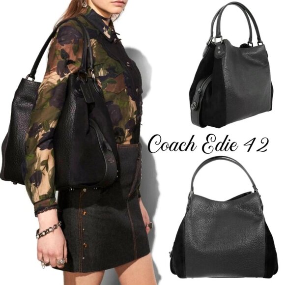 Coach Edie Black 42 Mixed Black Leather Bag - Picture 1 of 16